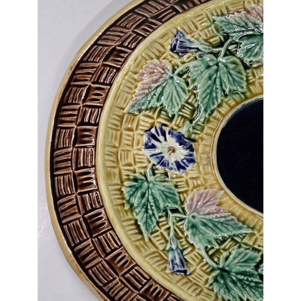 Antique Oval Majolica Basket Weave Footed Platter Floral Bread Bowl Cobalt 12¾
